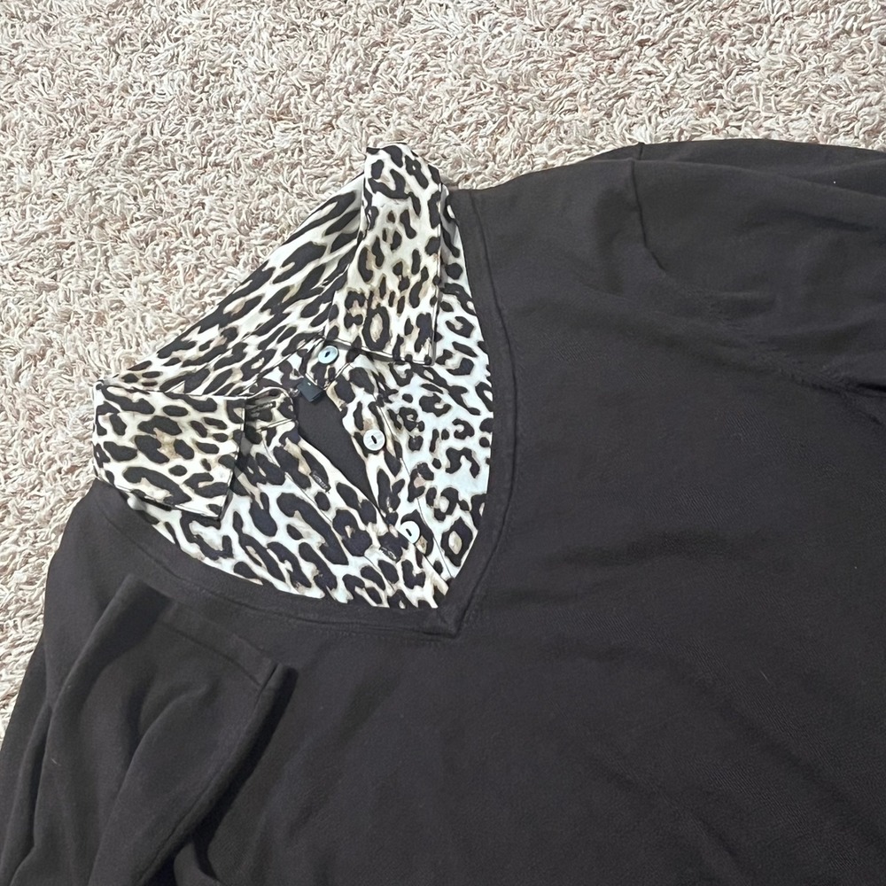 INVESTMENTS II Womens Black Leopard Print Collar Ruffle‎ Hem Tunic Top 2X